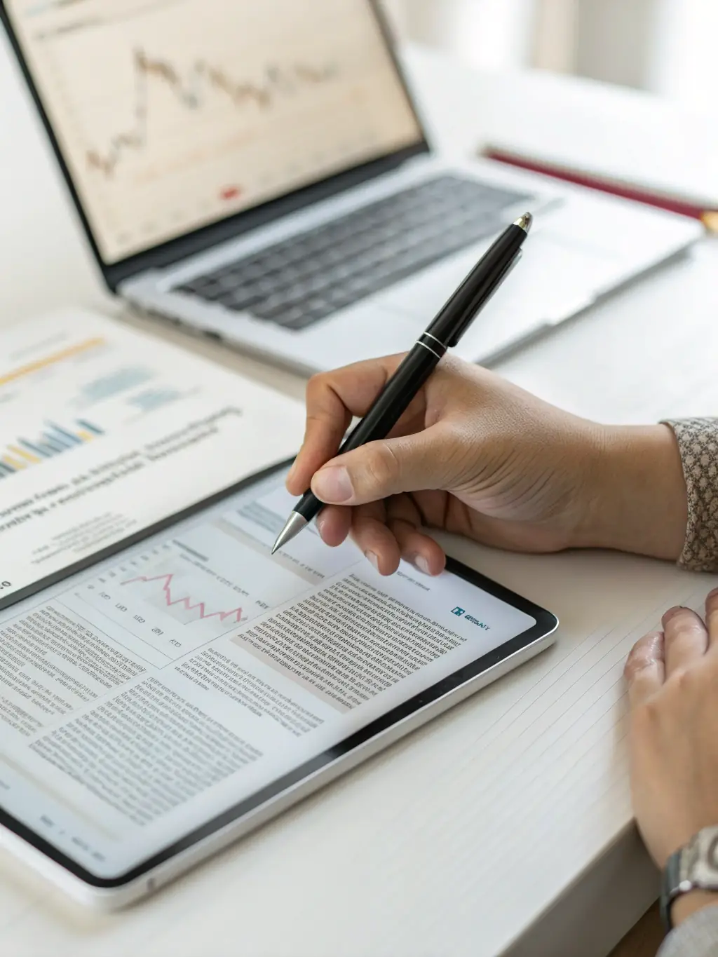 A close-up shot of a consultant's hand pointing at a financial chart on a tablet screen, with a pen in the other hand, during a client meeting at Paw Consultancy.