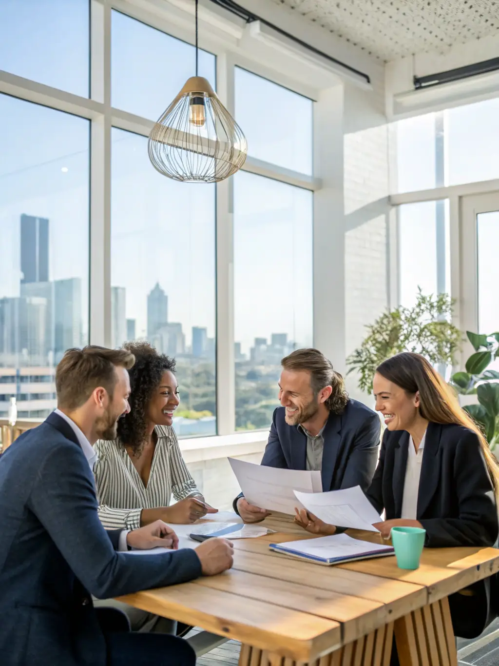 An image of Paw Consultancy's team working collaboratively in a modern office, reviewing loan documents and discussing strategies.