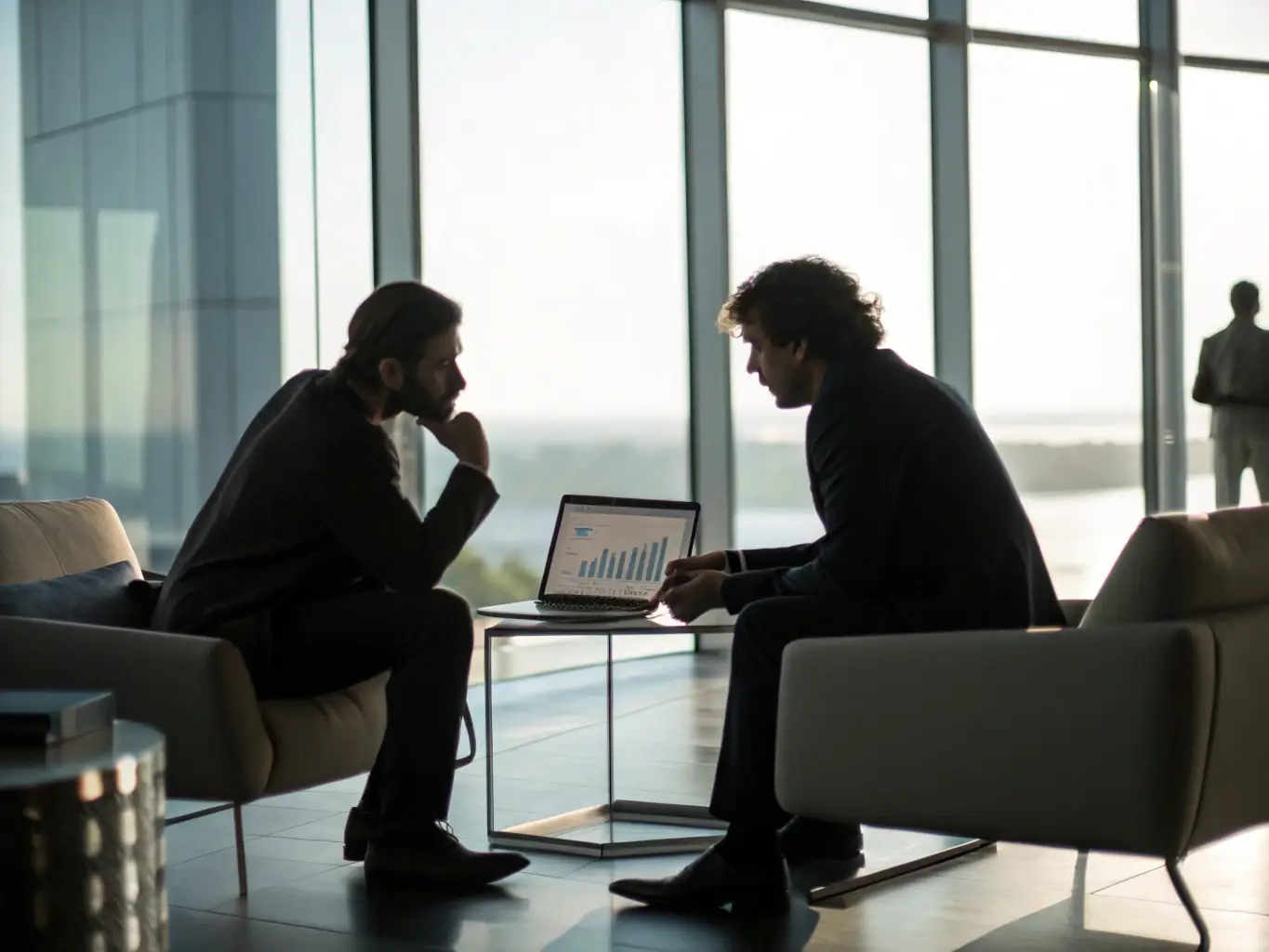 A modern office setting with a consultant reviewing financial documents with a client, emphasizing a collaborative and professional atmosphere.