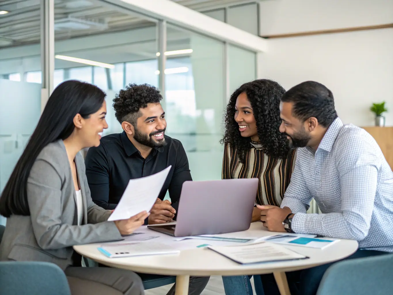 A diverse team of financial consultants brainstorming and analyzing loan options in a bright, modern office.