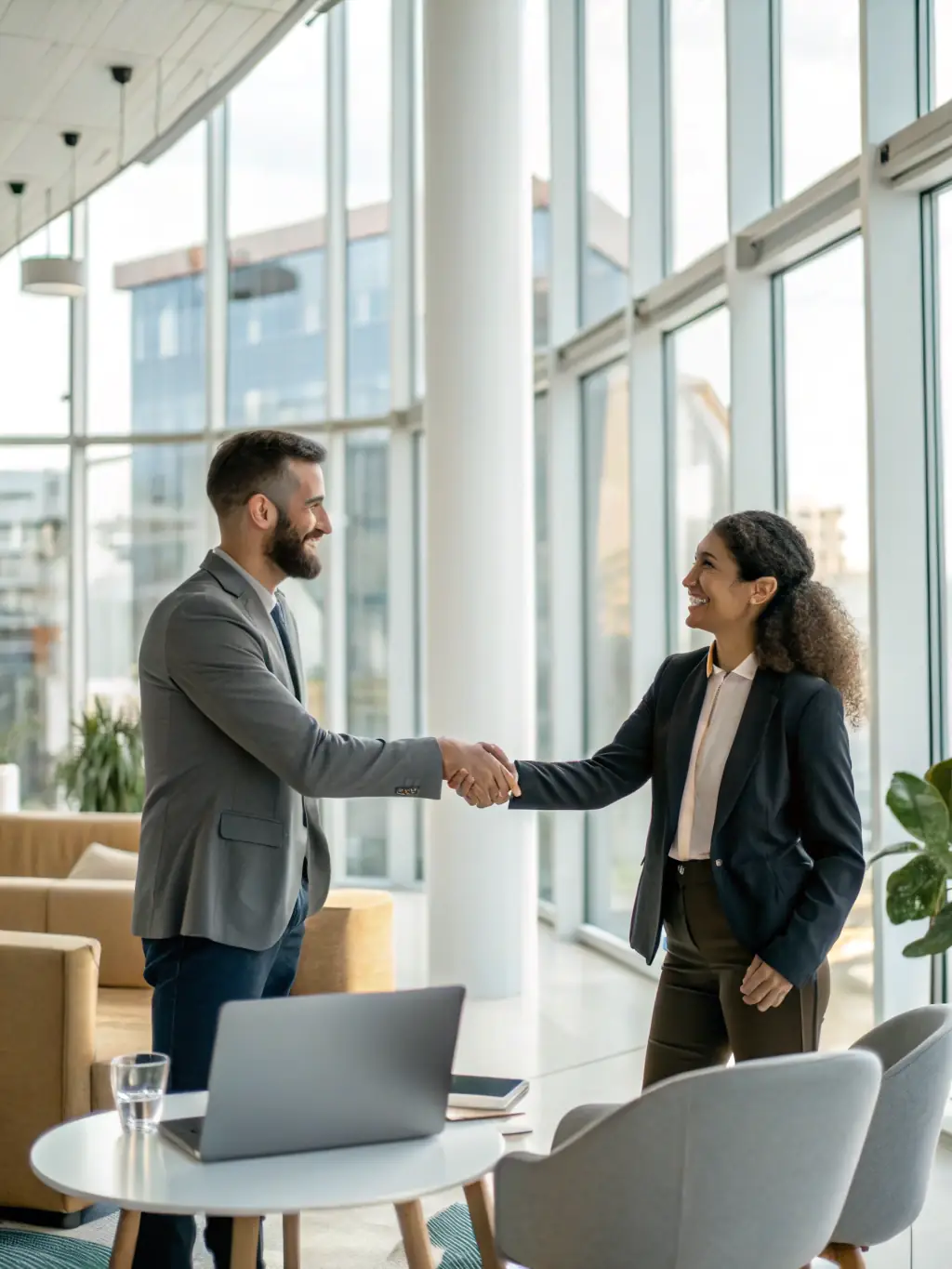 A photograph of a satisfied business owner shaking hands with a Paw Consultancy consultant after a successful loan approval.