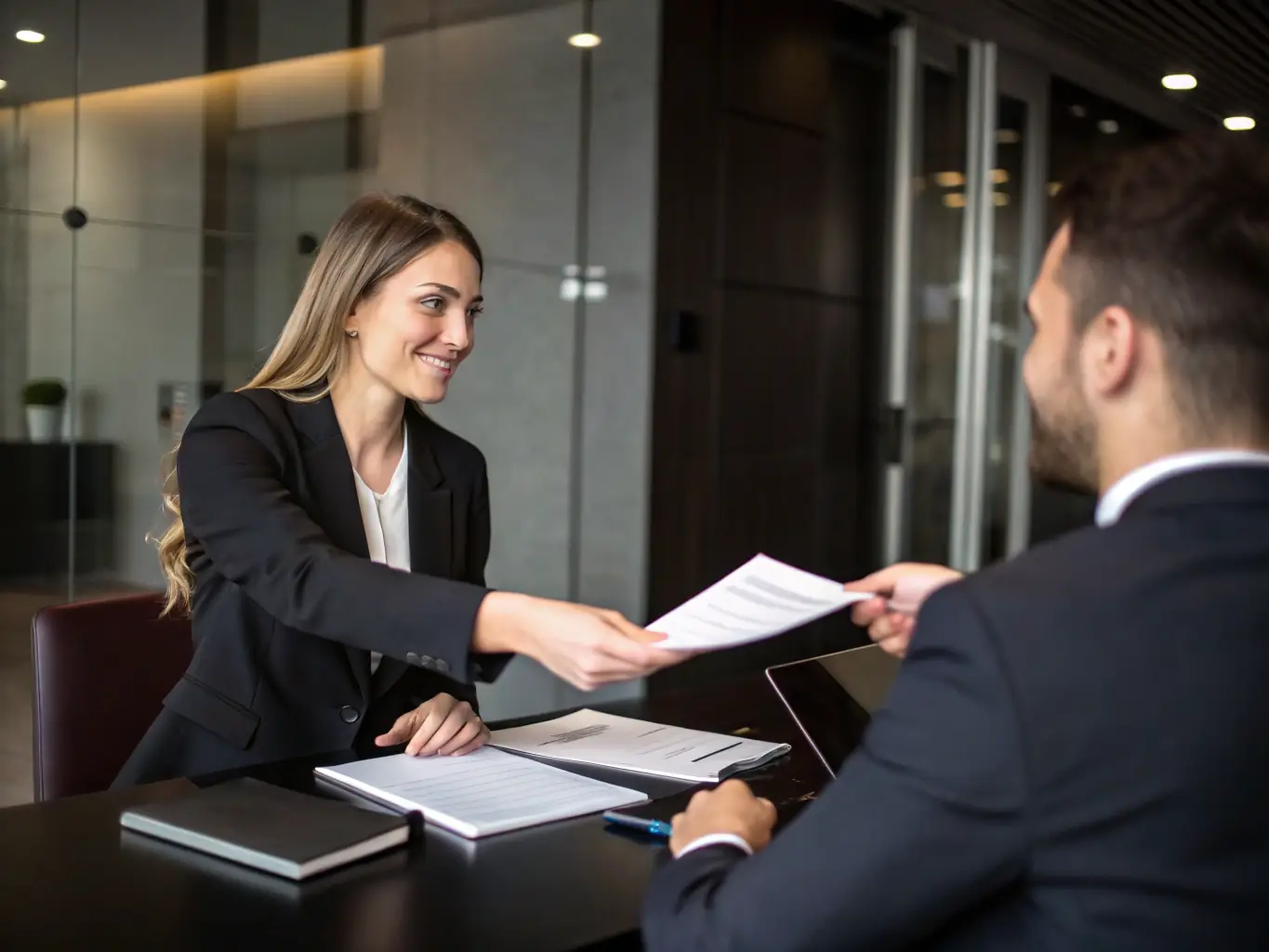 A successful business owner shaking hands with a consultant, symbolizing a successful loan approval and partnership.