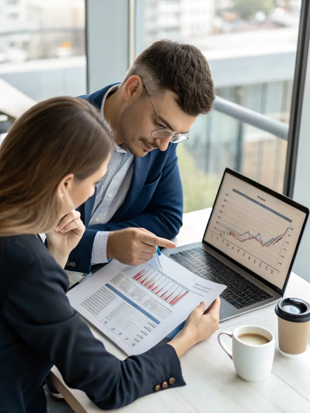 A professional consultant at Paw Consultancy reviewing financial documents with a client in a modern office setting, showcasing expertise and attention to detail.