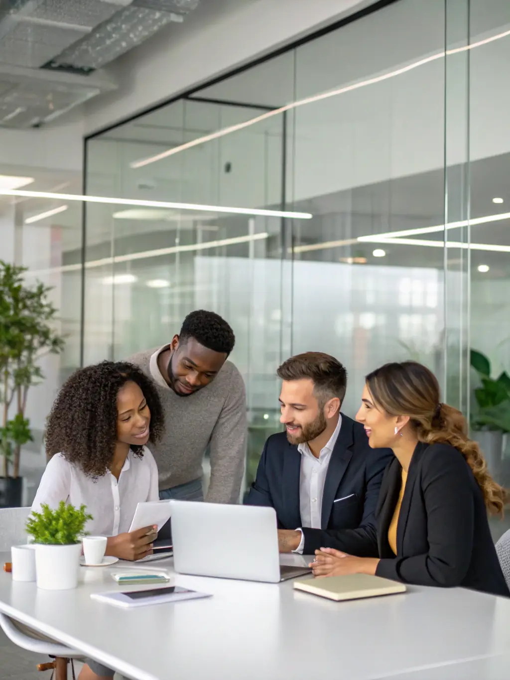 A diverse team of Paw Consultancy consultants collaborating on a loan strategy in a bright, open workspace, emphasizing teamwork and diverse expertise.